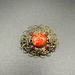 1950's Filigree Brooch Pin, Easter Egg Rhinestone Cabochon